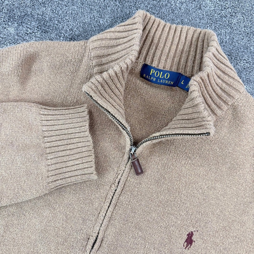 Polo Ralph Lauren Mens Large Tan Cotton Quarter Zip Pullover Sweater Pony Logo